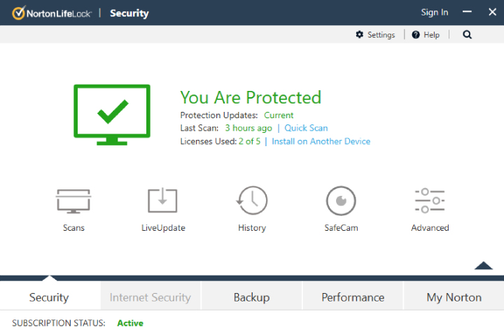 Norton Antivirus Dashboard.