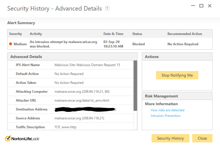 Norton Antivirus Malware Decection.