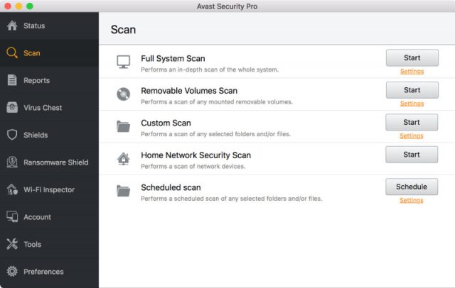 Avast Antivirus Security Pro for Mac - Scan Interface.