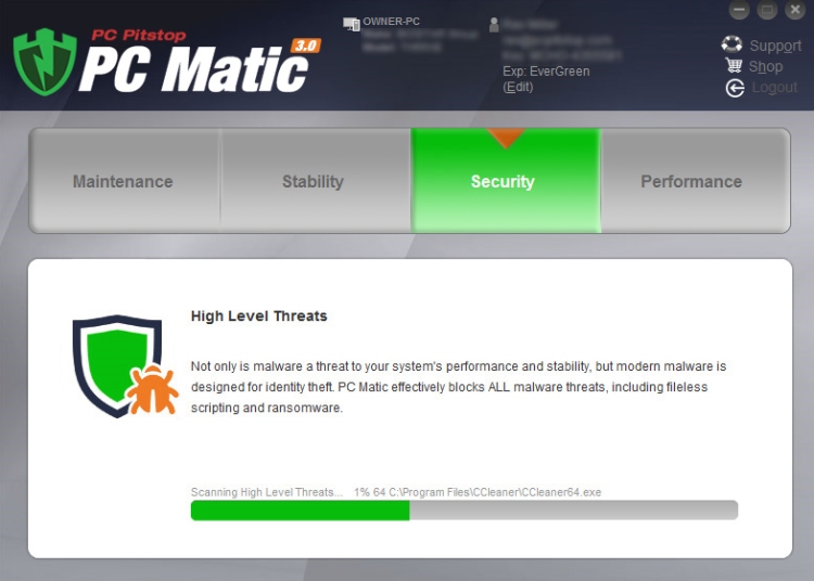 PC Matic Security scanning process.