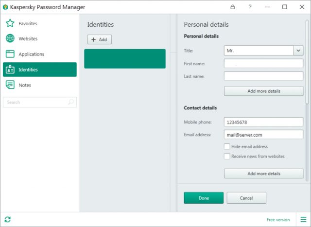 Kaspersky Password Manager: interface