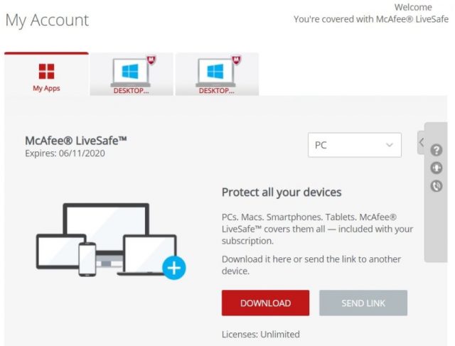 McAfee LiveSafe interface