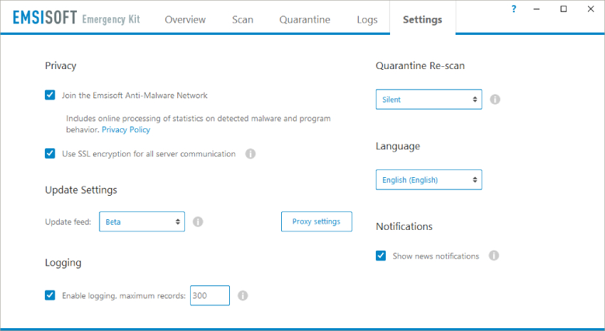 Emsisoft emergency kit review, settings