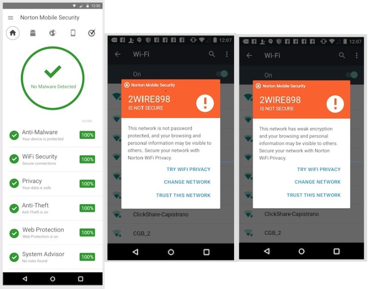 Norton Mobile Security interface.