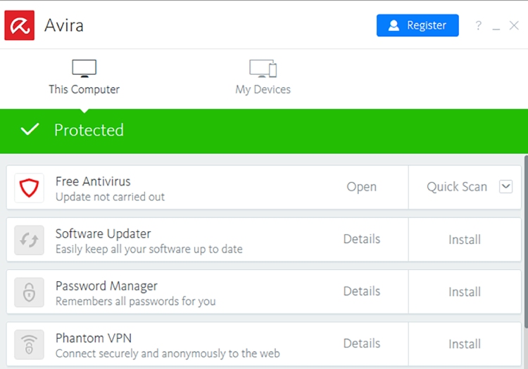 Avira Antivirus Dashboard.