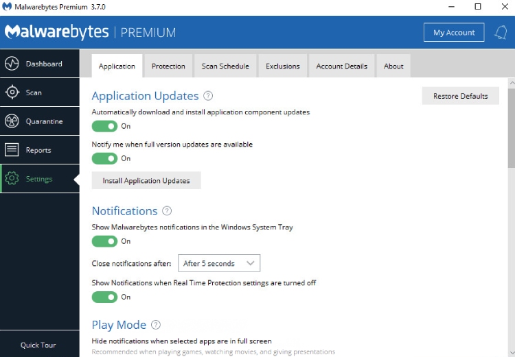 Malwarebytes Anti-Malware Premium Settings Screen.