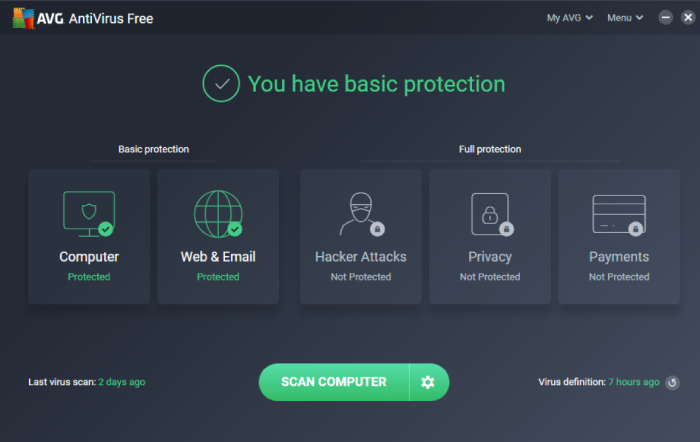 AVG Free Antivirus Interface.