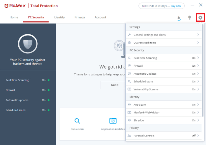 McAfee Total Protection Settings.