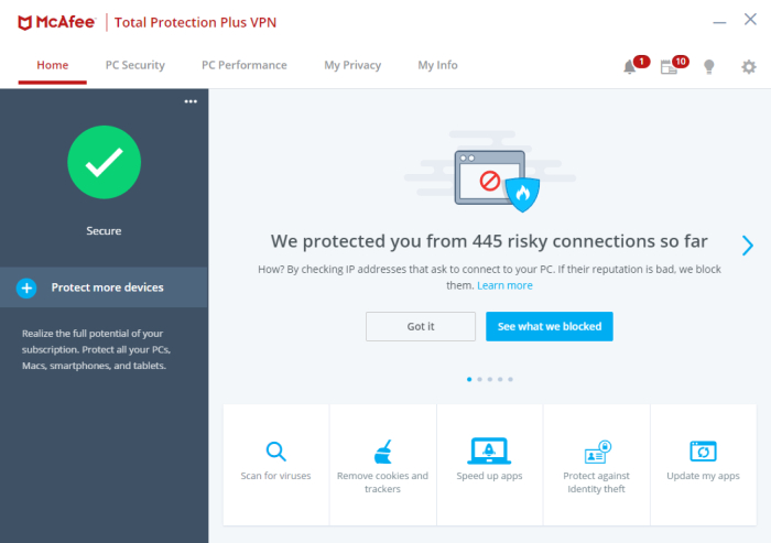 McAfee Total Protection plus VPN Interface.