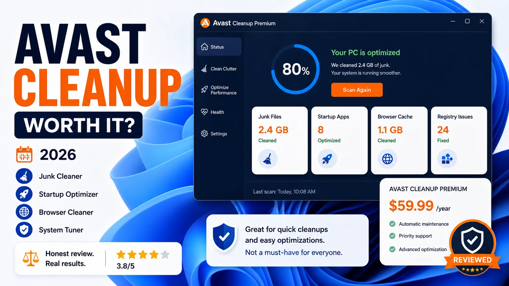 Avast Cleanup review cover showing junk cleanup, startup optimization, pricing, and review verdict