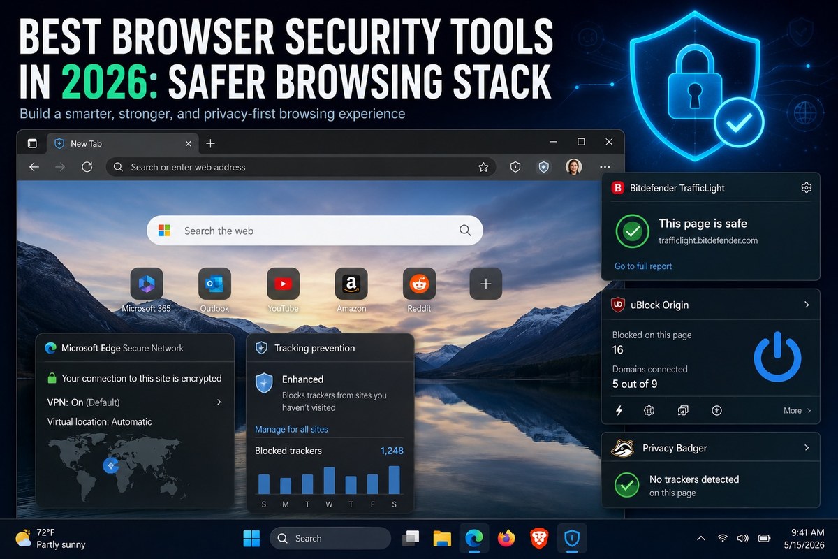 Best browser security tools in 2026 — safer browsing stack with Bitdefender TrafficLight, uBlock Origin, Edge tracking prevention