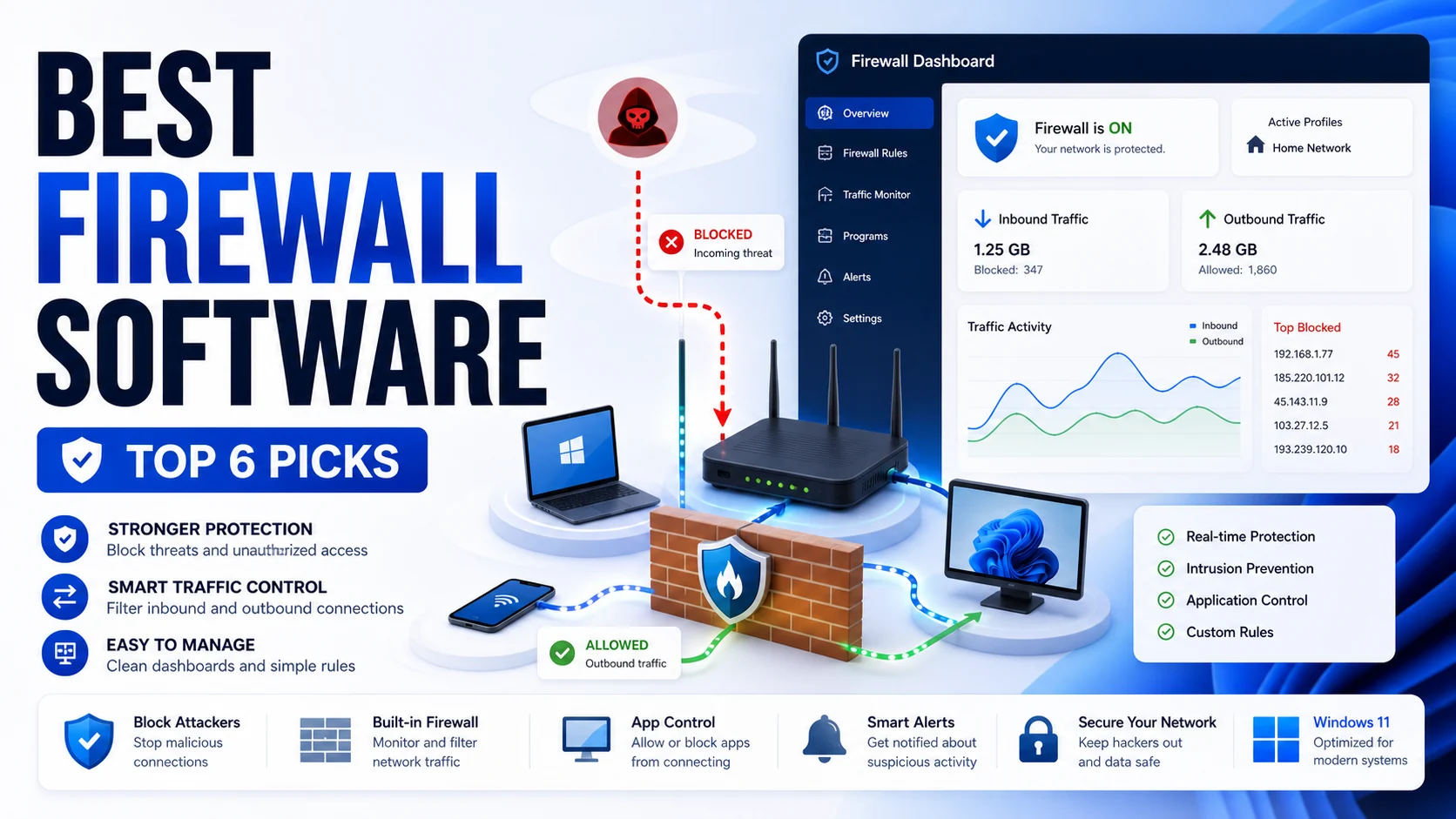 Best firewall software cover showing network traffic filtering, blocked threats, and firewall dashboard controls