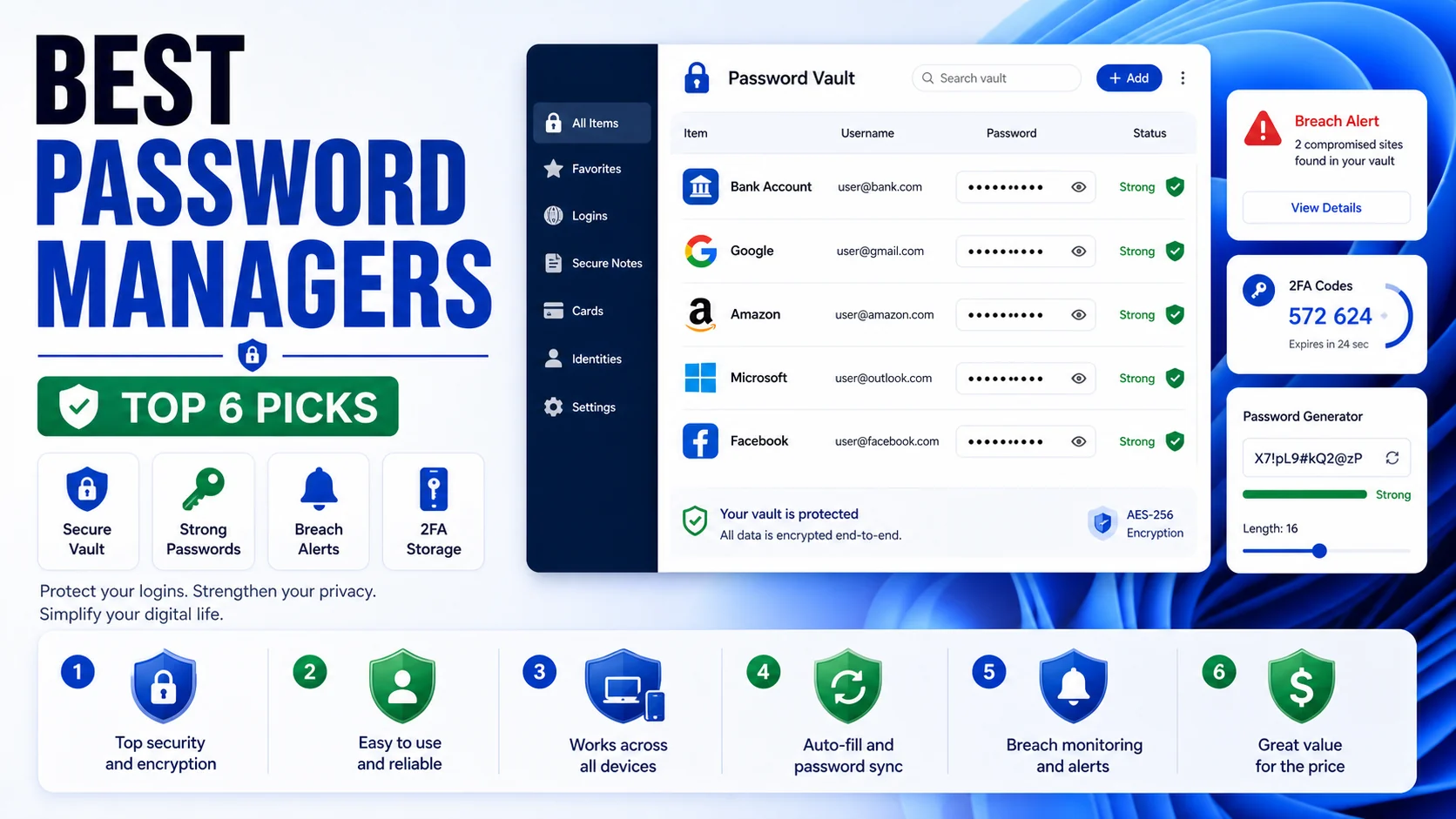 Best password managers cover showing password vault, breach alerts, two-factor codes, and password generator