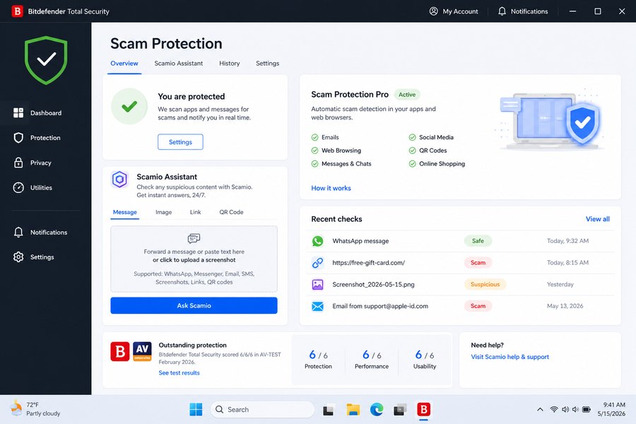 Bitdefender Scam Protection and Scamio assistant checking messages, links, QR codes and screenshots