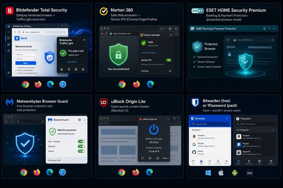 Six browser security picks: Bitdefender Total Security, Norton 360, ESET HOME Security Premium, Malwarebytes Browser Guard, uBlock Origin Lite, and Bitwarden/1Password