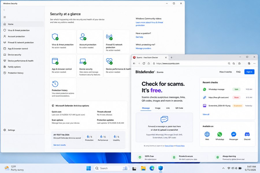 Windows Security and Bitdefender Scamio free scam checker side by side as a zero-cost stack