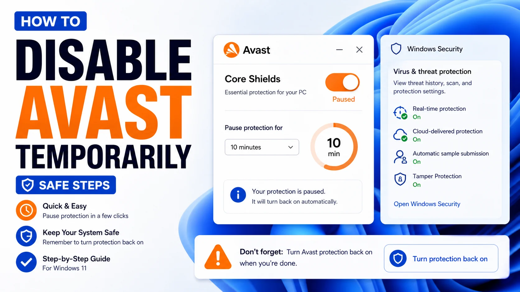 How to disable Avast temporarily cover showing Avast shields paused for ten minutes and Windows Security still enabled