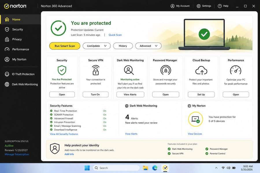 Norton 360 Advanced with dark-web and identity monitoring