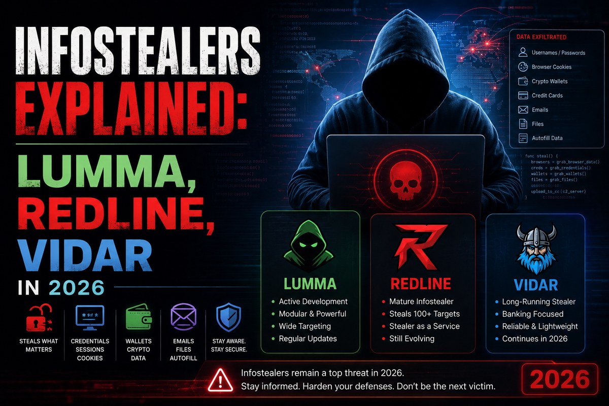 Hooded figure at a laptop with a red skull icon, surrounded by panels listing Lumma RedLine and Vidar infostealer families and the data types they exfiltrate