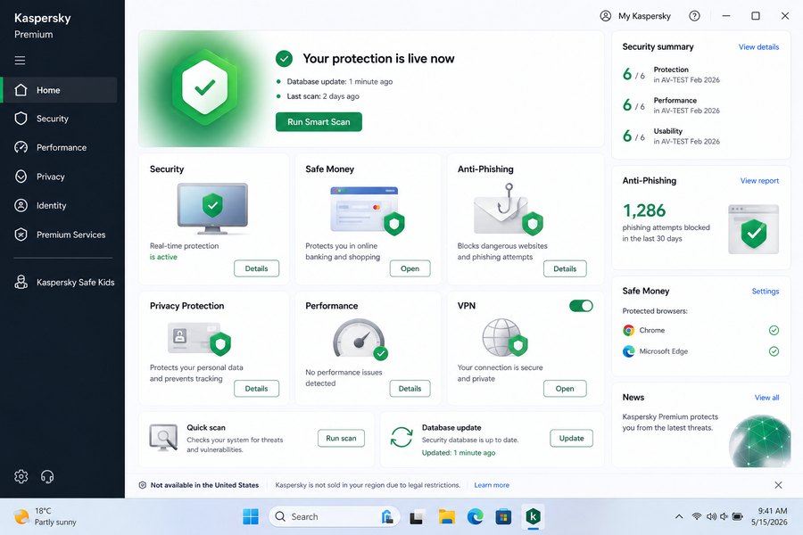 Kaspersky Premium anti-phishing and Safe Money interface blocking scam URLs around deepfake lures