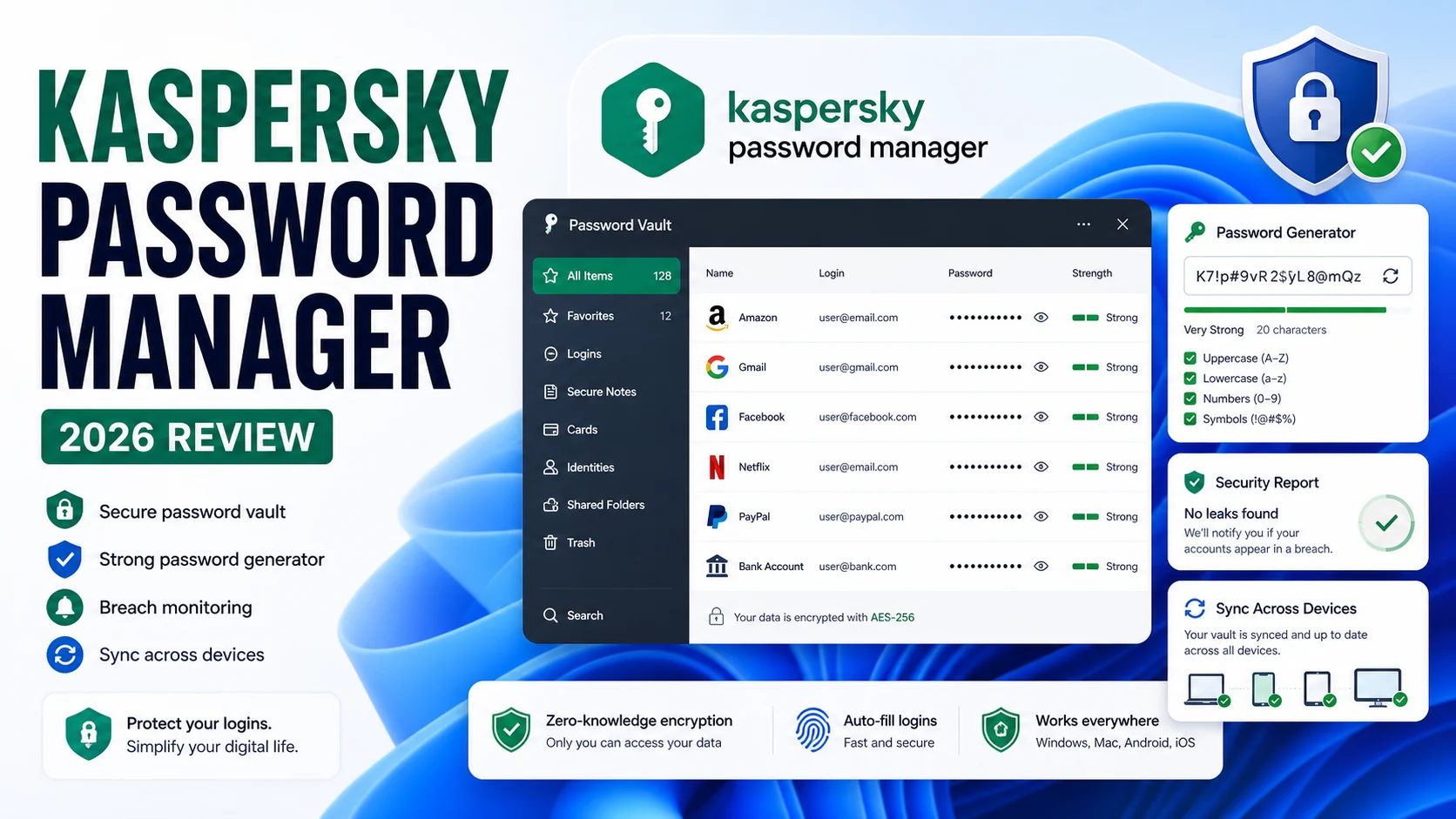 Kaspersky Password Manager review cover showing password vault, generator, security report, and synced devices