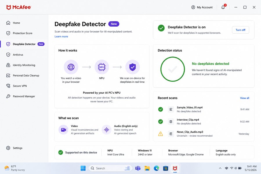 McAfee Deepfake Detector interface showing on-device NPU scanning of video and English-only audio