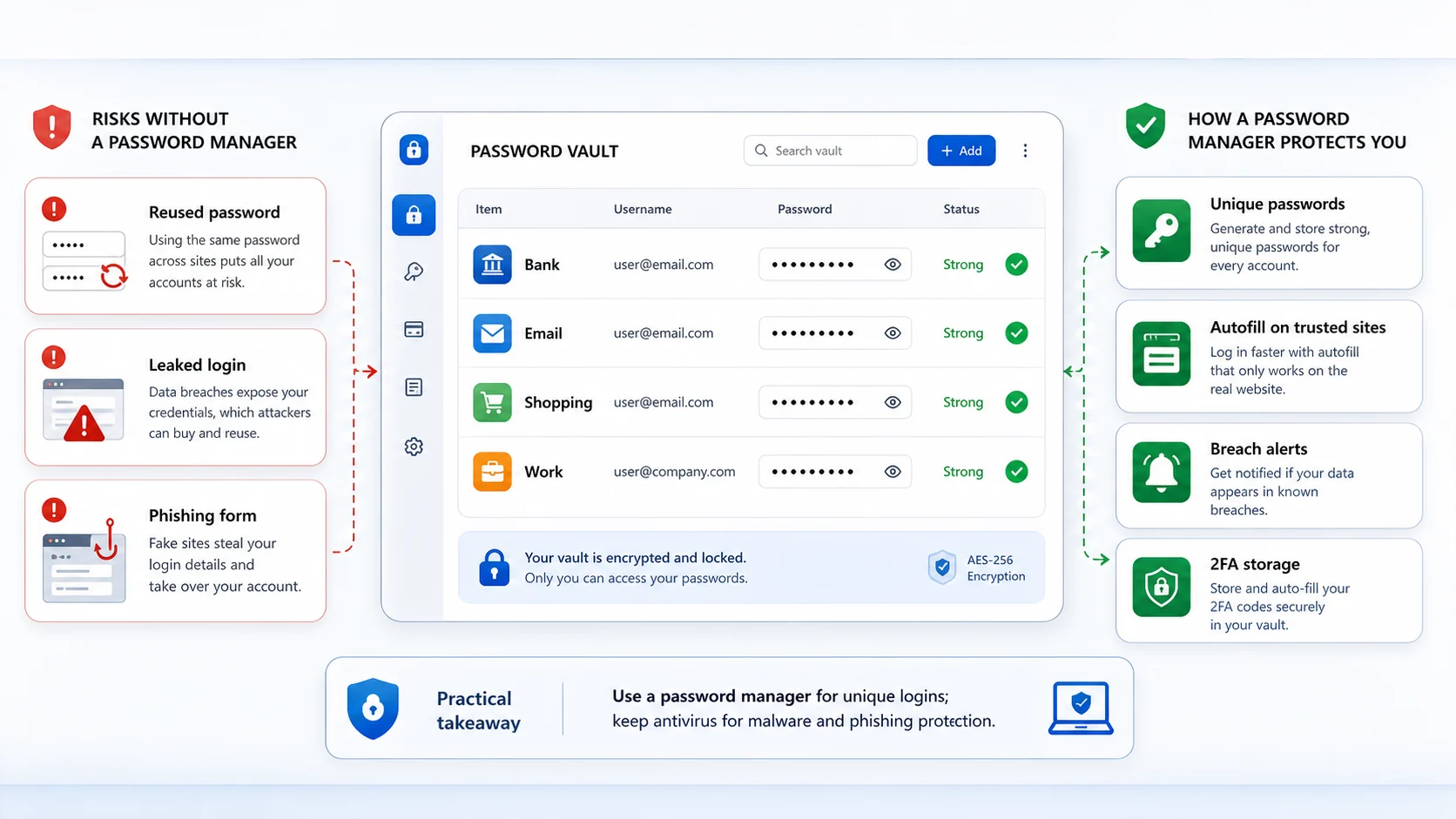 Password manager vault visual showing unique passwords, breach alerts, autofill on trusted sites, and two-factor authentication storage