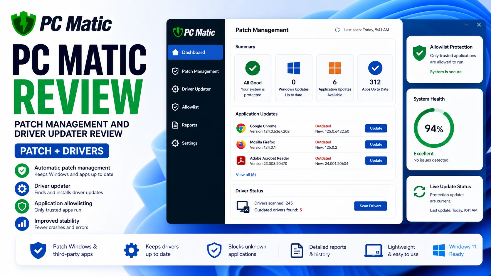 PC Matic review cover showing patch management, driver updater, allowlist protection, application updates, and system health