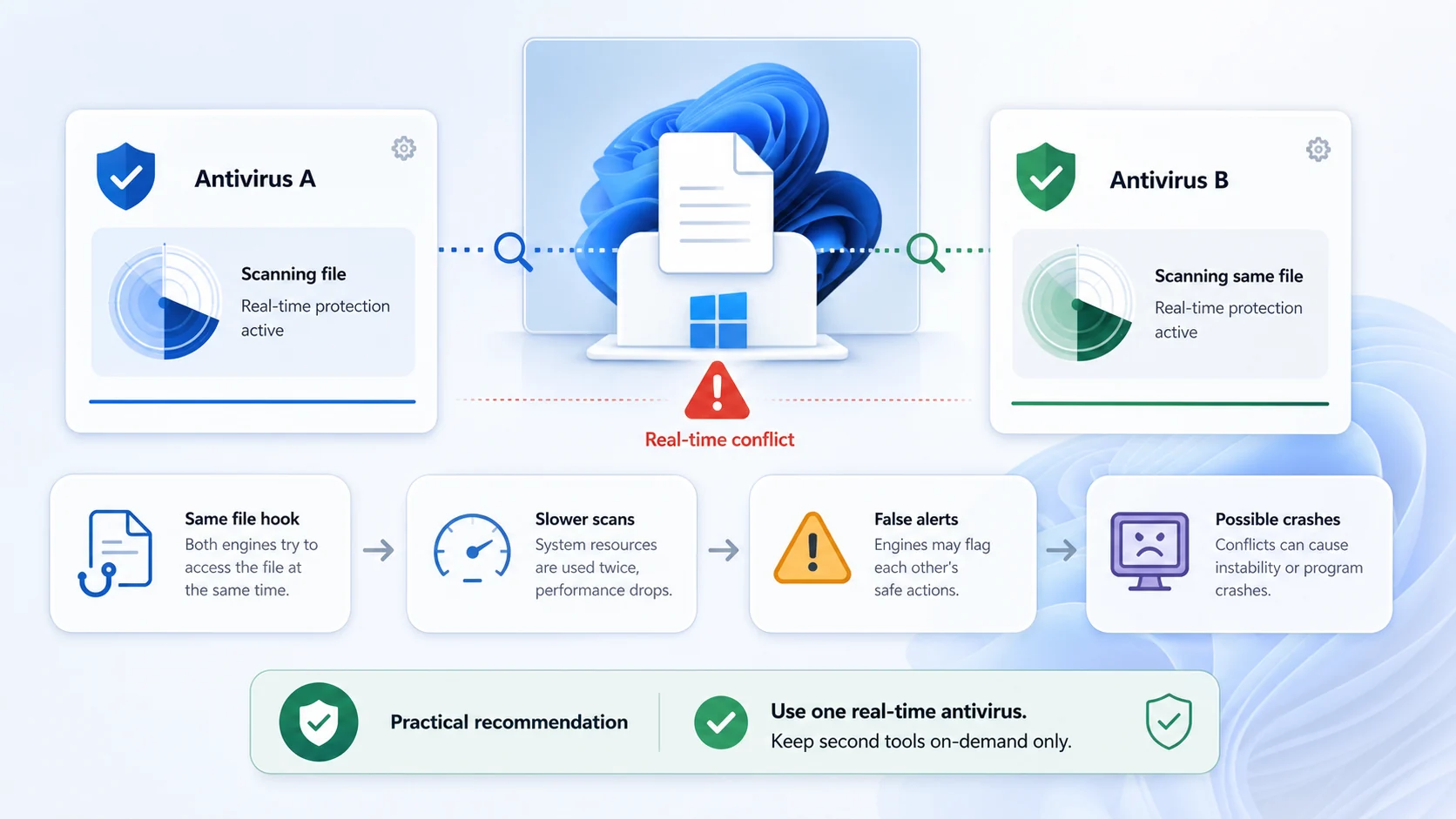 Diagram showing two real-time antivirus scanners checking the same file and causing slower scans, false alerts, and possible crashes
