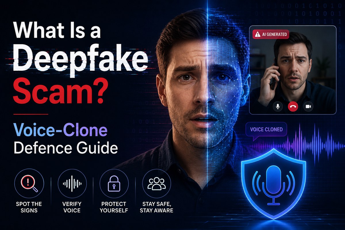 Split-face illustration of a real person on one side and an AI-generated digital mesh on the other, with an incoming video call labeled AI Generated