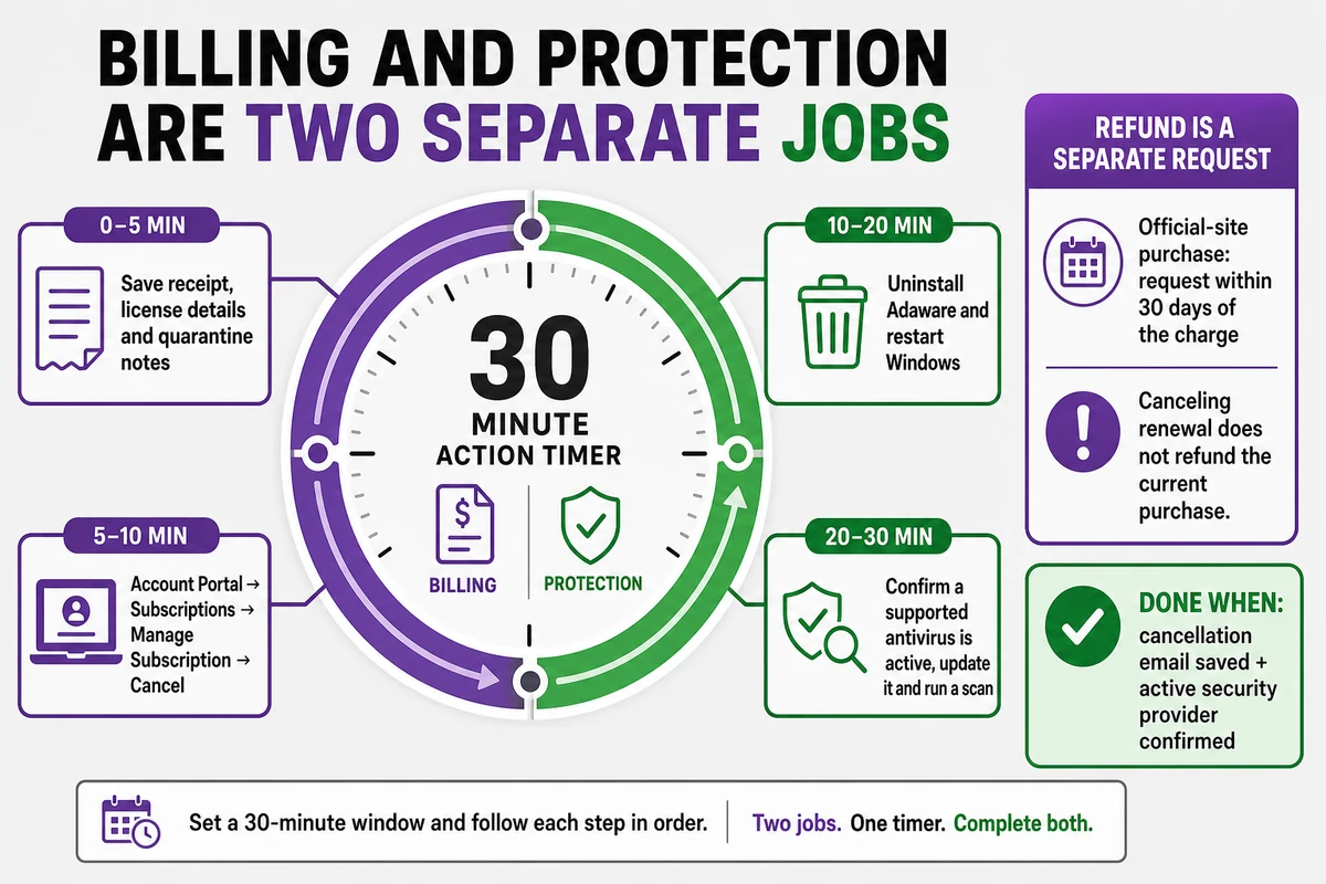 Adaware 30-minute migration plan separating billing cancellation from antivirus replacement