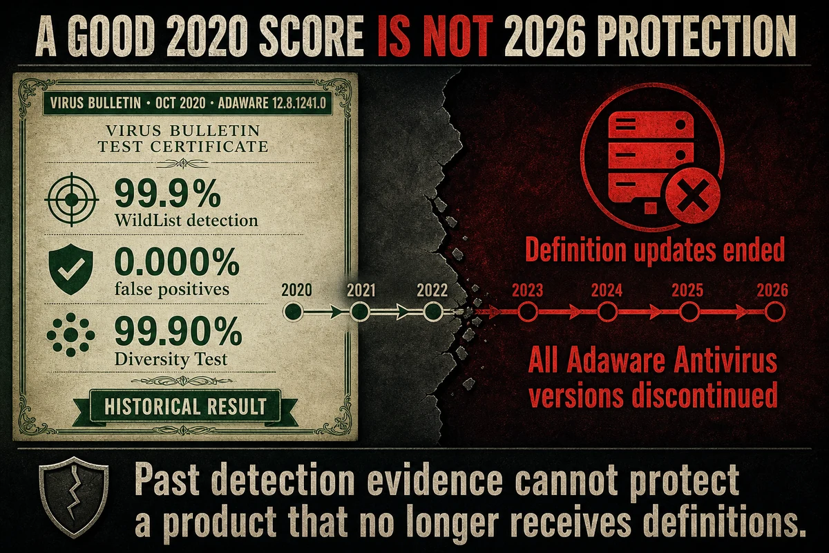Adaware 12.8 VB100 results from 2020 leading to ended definitions and discontinued status