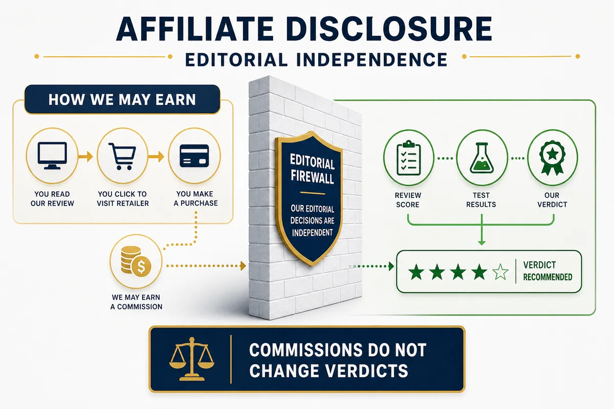 Affiliate disclosure separating commercial links from editorial decisions