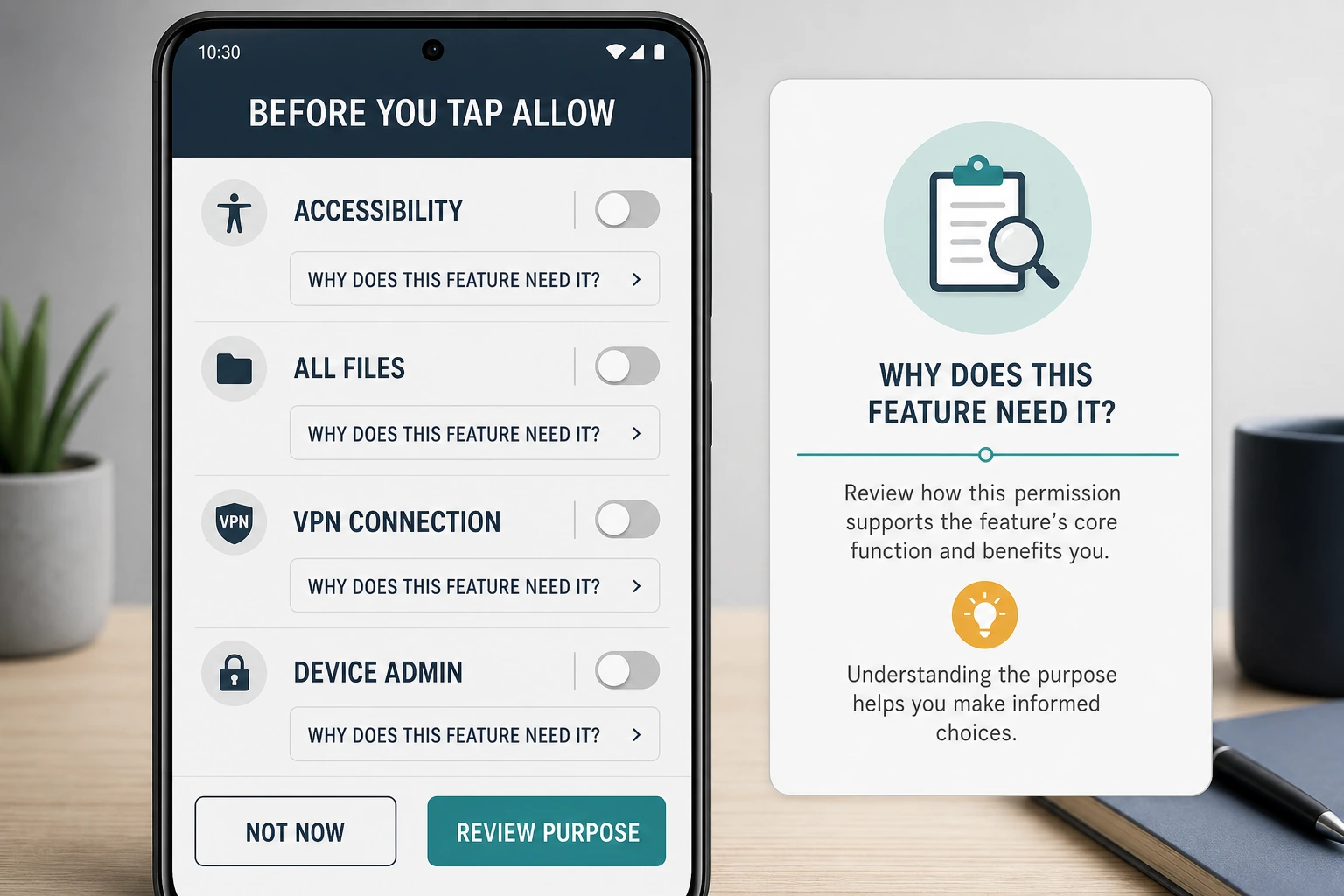 Android permission review for accessibility, all-files access, VPN connection and device administrator privileges