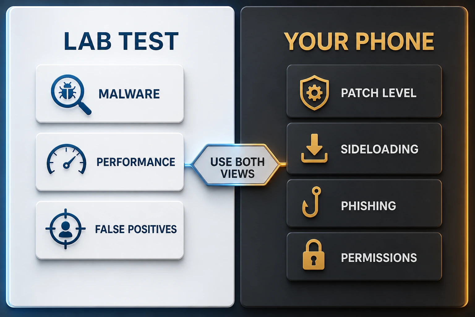 Android antivirus evidence board comparing lab malware, performance and false positives with patch level, sideloading, phishing and permissions