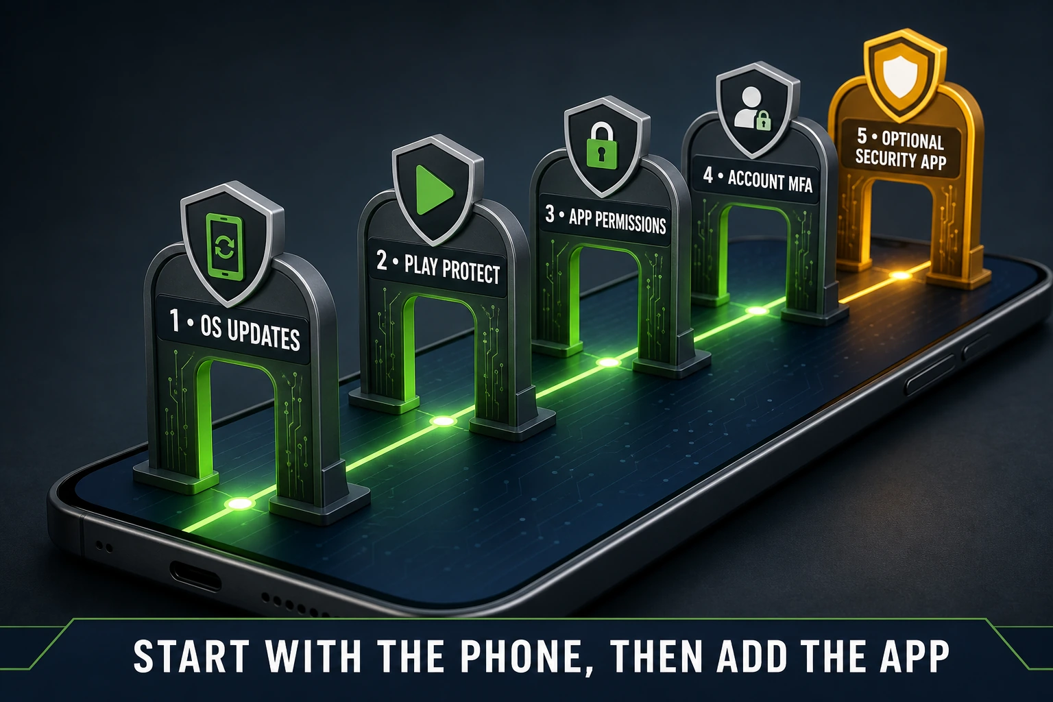 Android security order from operating-system updates and Play Protect through permissions, MFA and an optional antivirus app