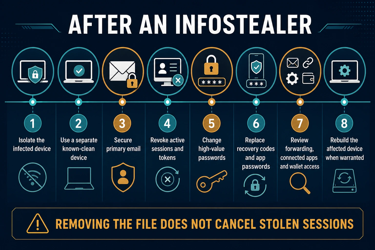 Infostealer recovery sequence covering device isolation, session revocation, password rotation, recovery codes, connected apps and trusted rebuild