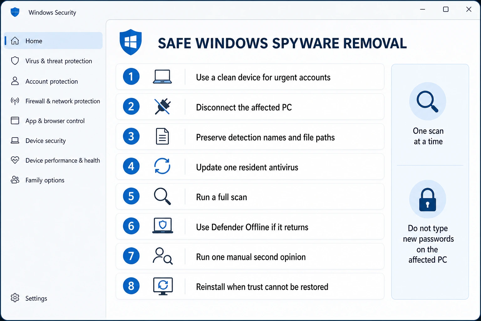 Safe Windows spyware removal workflow from account containment and evidence capture through scanning, second opinion and clean reinstall