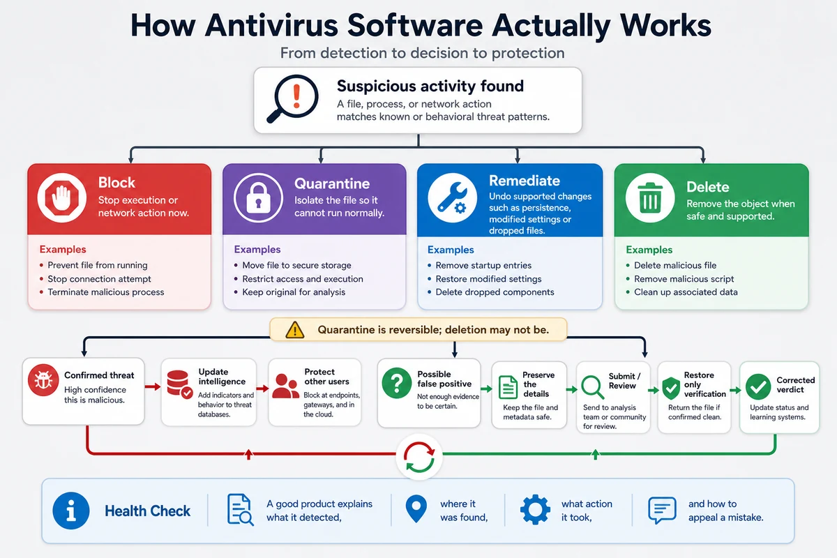 Antivirus actions for blocking quarantining remediating and deleting a detected threat