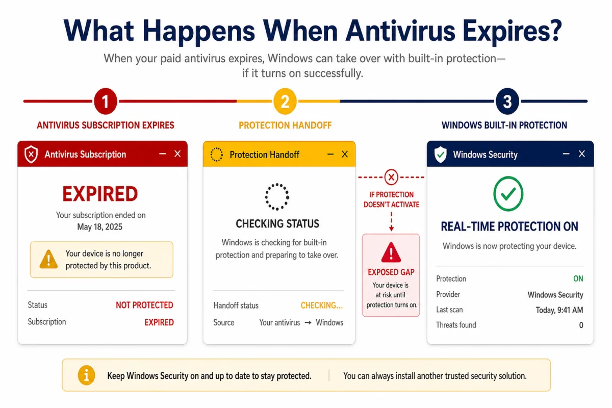 Three-stage antivirus expiry timeline from expired subscription through protection handoff to active Windows security