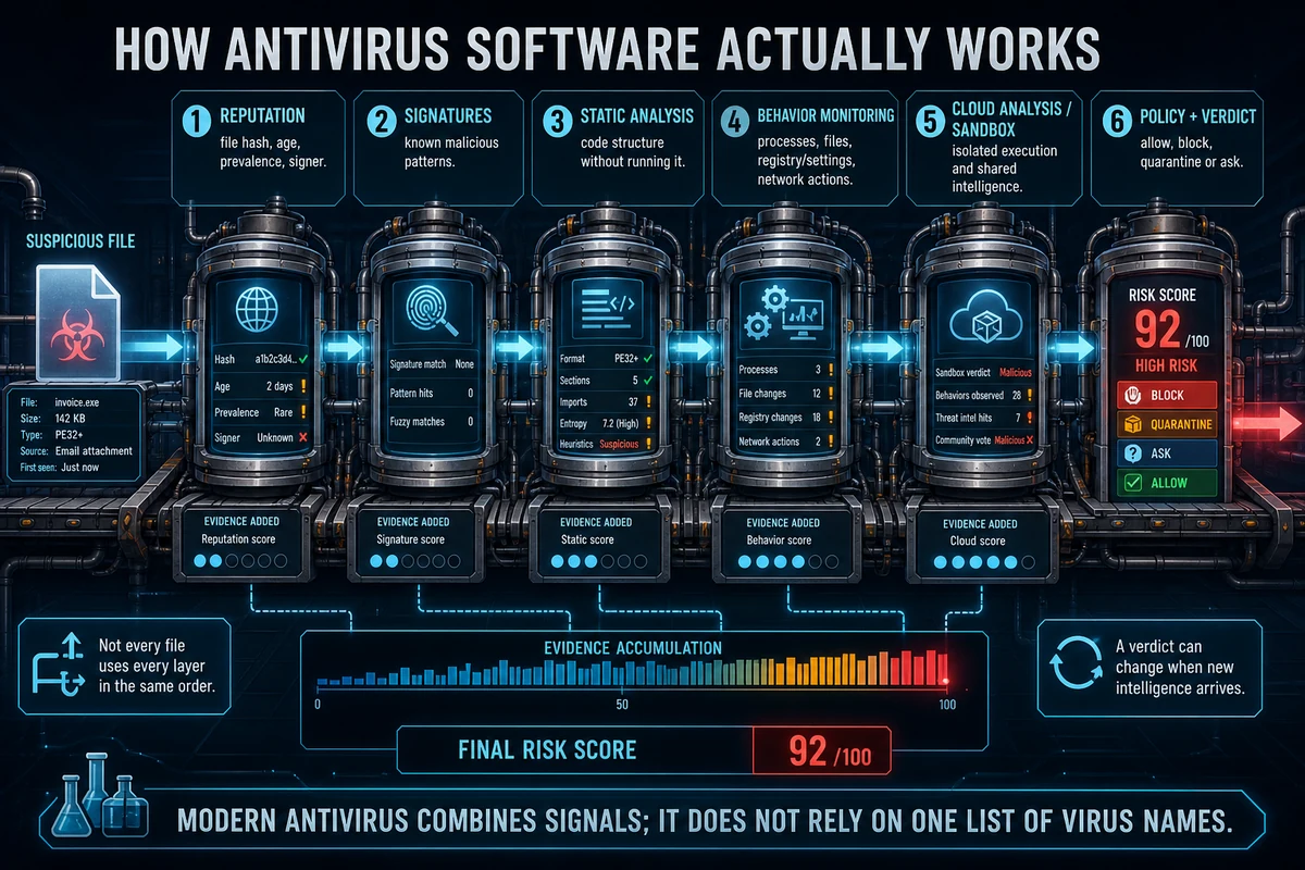 Six antivirus detection layers from file reputation and signatures to behavior cloud analysis and verdict