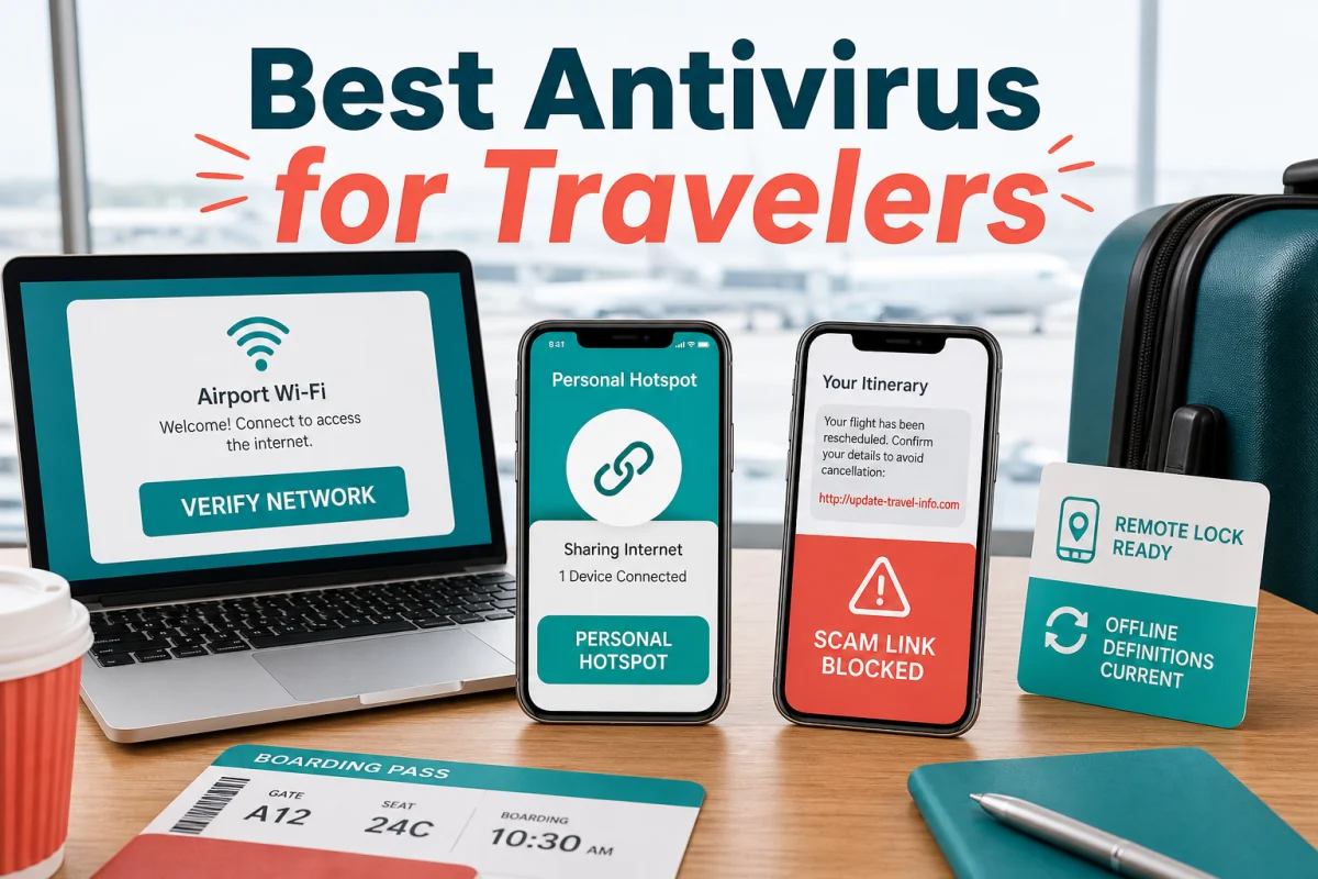 Airport security setup showing network verification, personal hotspot, scam-link blocking and remote lock