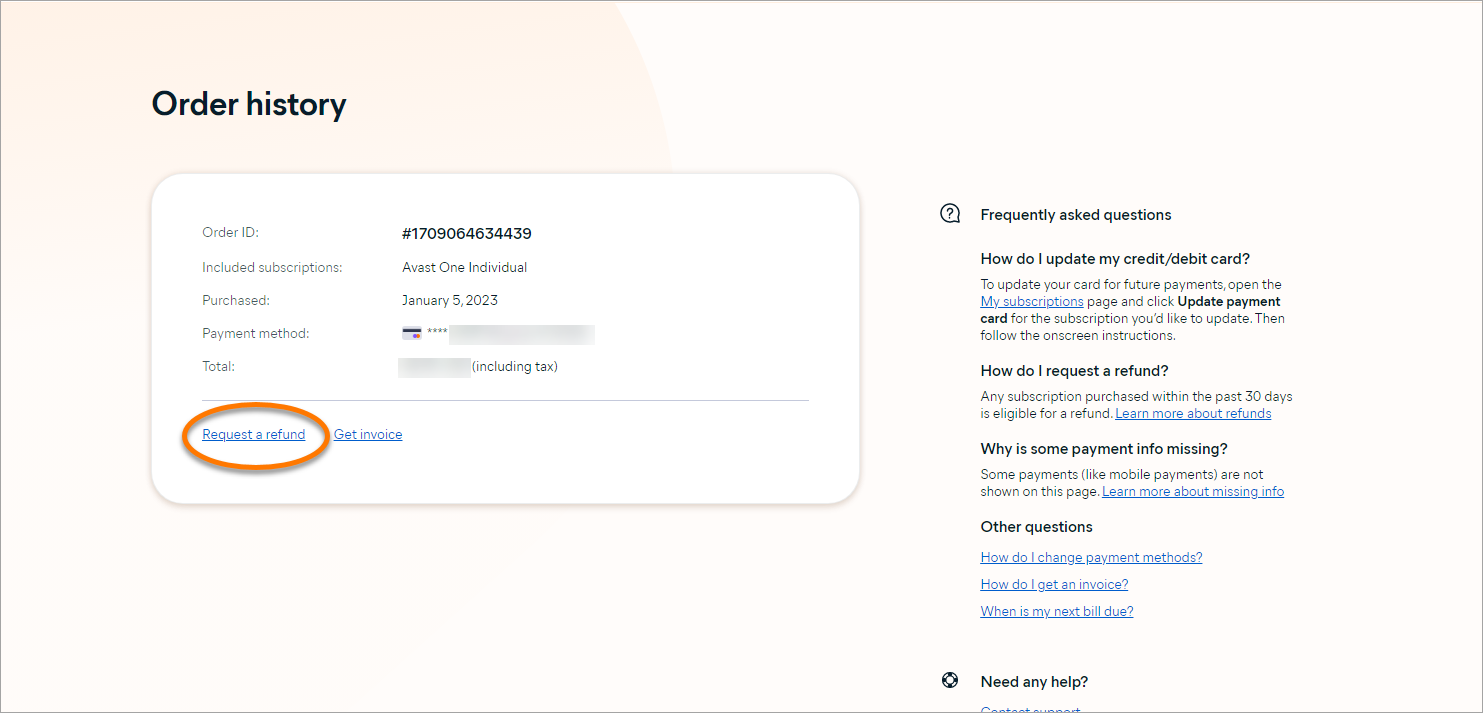 Official Avast Account Order history showing the Request a refund link for an eligible order