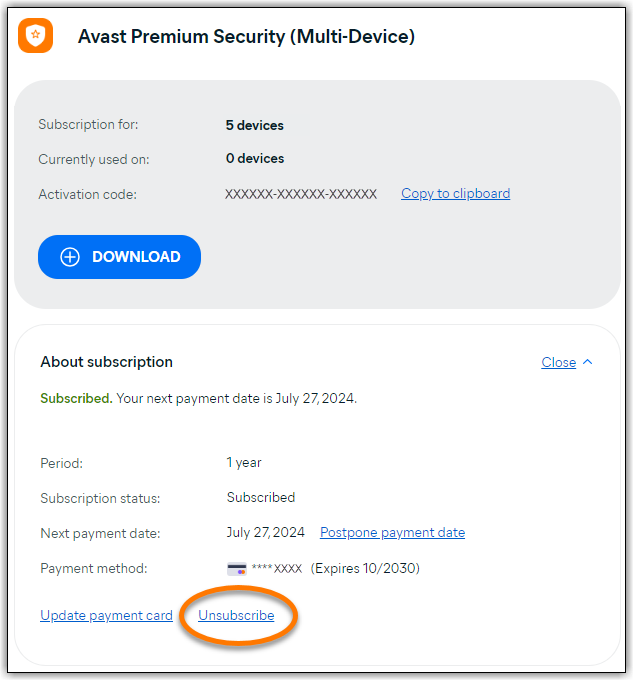 Official Avast Account subscription details with the Unsubscribe link highlighted