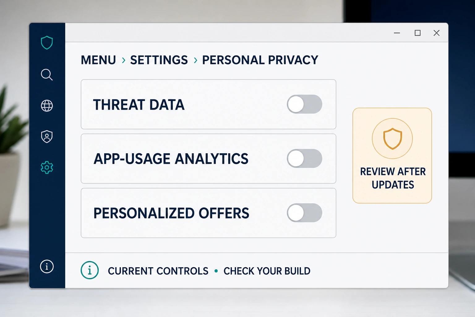 Current antivirus personal privacy settings for threat data, app-usage analytics and personalized offers