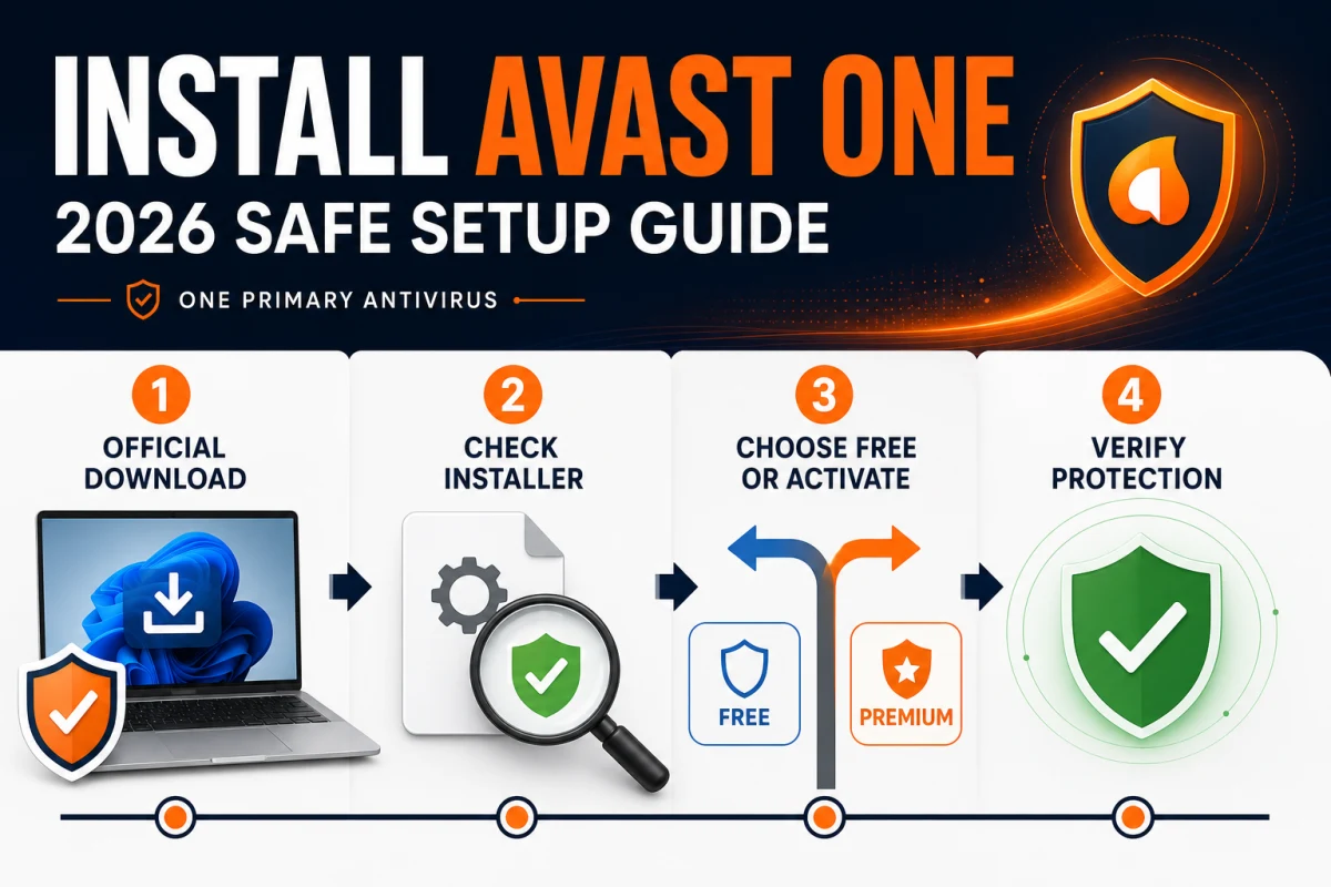 Four-step Avast One installation route for official download installer verification plan choice and protection check