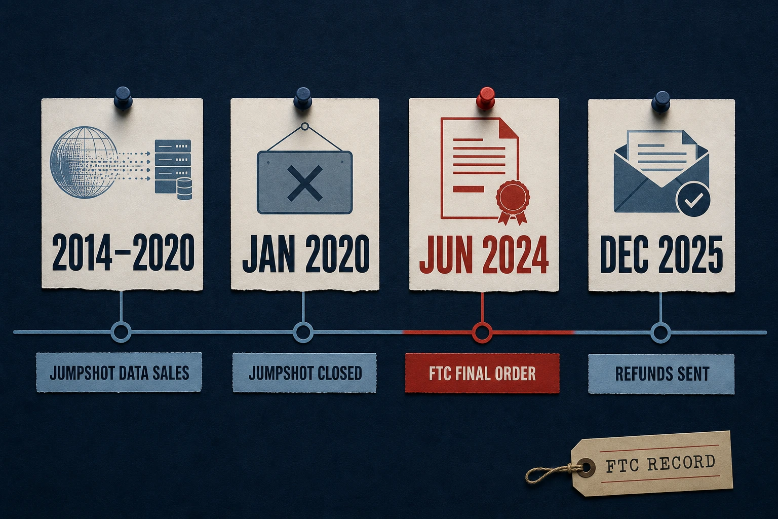 Avast Jumpshot timeline from 2014 data sales through the 2020 closure, 2024 FTC order and 2025 refunds