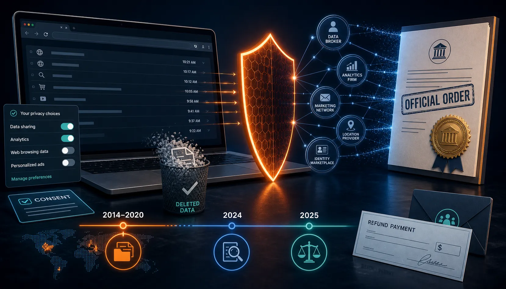 Avast Jumpshot privacy timeline showing 2014–2020 data sales, the 2024 FTC order and 2025 consumer refunds