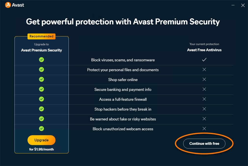 Official Avast setup screen comparing Premium Security with Avast Free and highlighting Continue with free