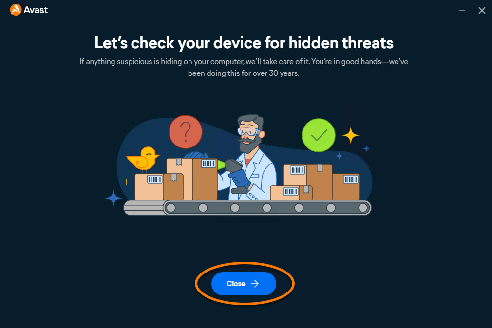 Official Avast One installation-complete screen prompting the first hidden-threat scan